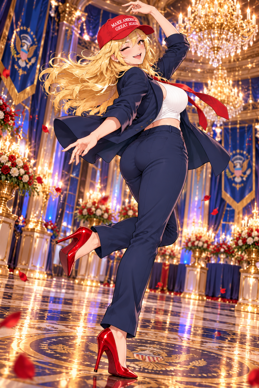MAGA mascot dancing in a chandelier-lit ballroom