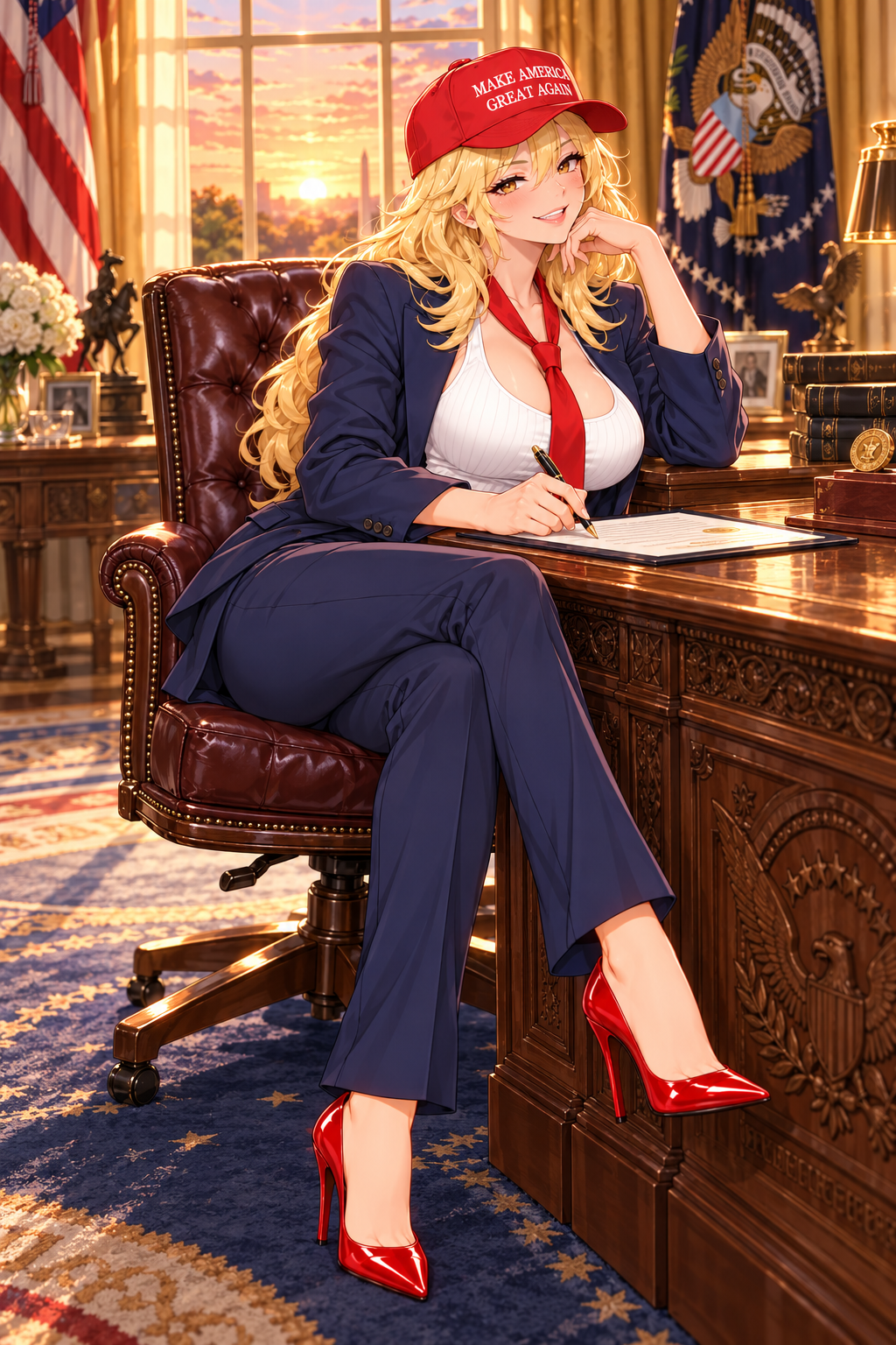 MAGA mascot seated at an office desk at sunset